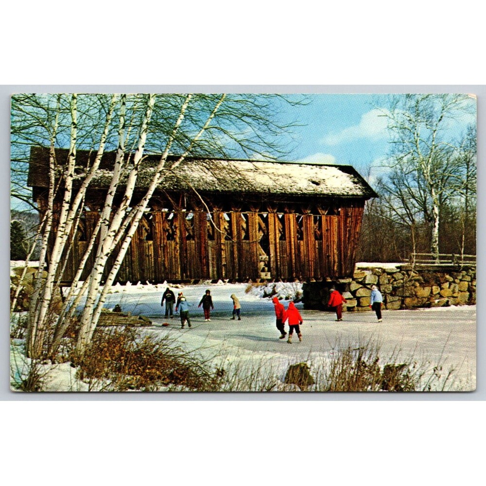 Postcard New England Covered Bridge Children Ice Skating Winter c1960s NH